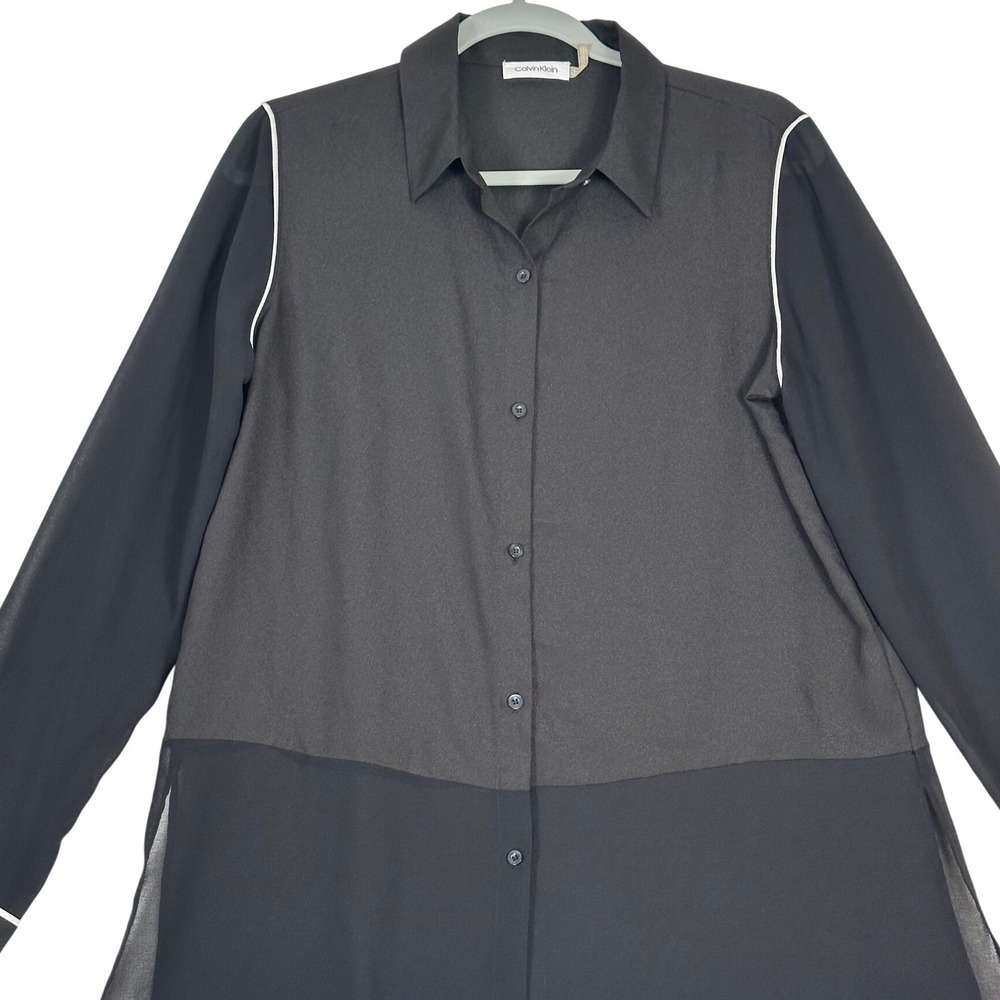 Calvin Klein Blouse Womens L Black Sheer Chiffon Button Up Minimalist Workwear - Picture 3 of 8
